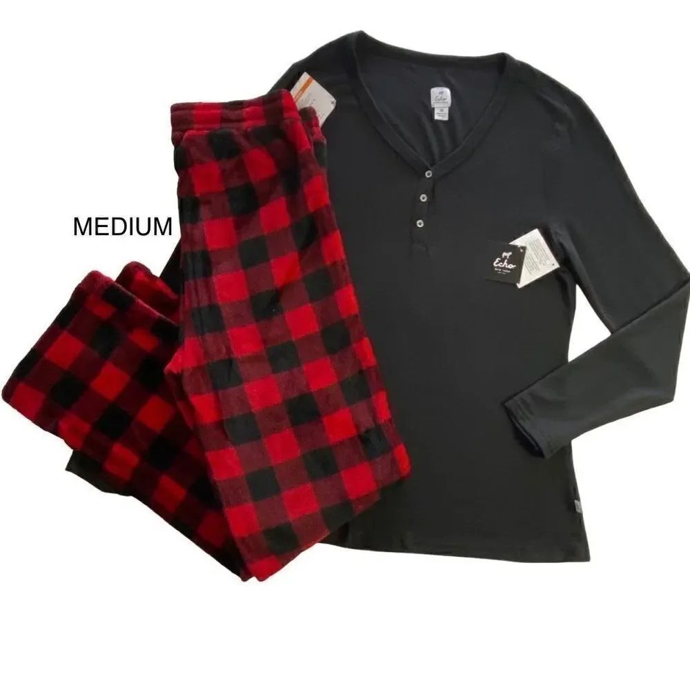 ECHO WOMEN’S MEDIUM  2pc Long Sleeve Top & Buffalo Plaid Pajama Pant SET